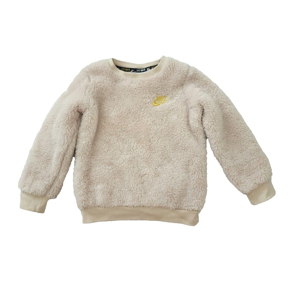 Nike Just Do It Kids Plush Pullover Sweatshirt Size 5-6 Beige Crew Neck Swoosh